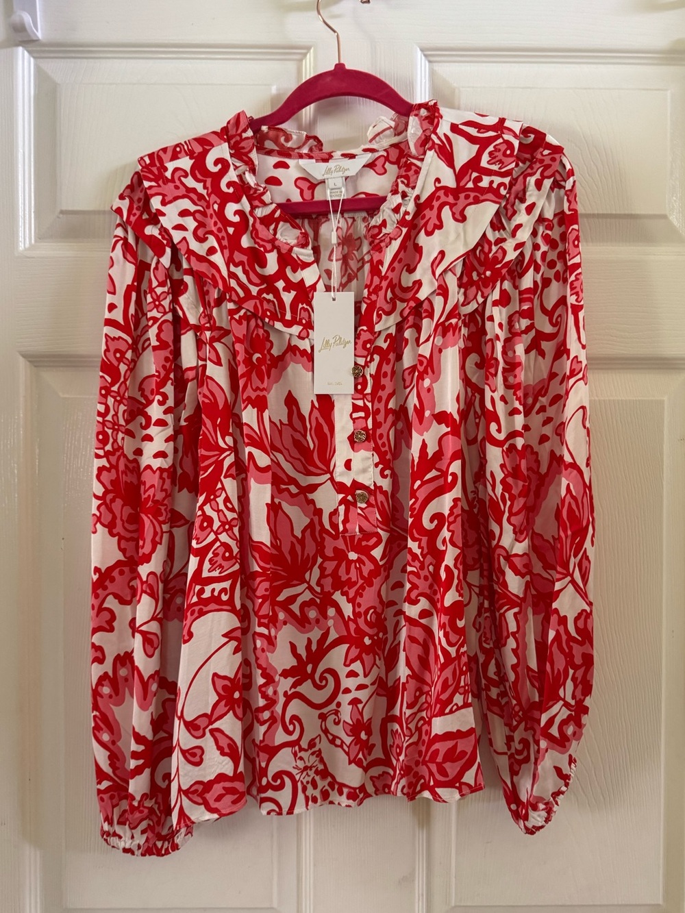 Lilly Pulitzer Japhia long sleeve pink and red blouse in spicy socialite print